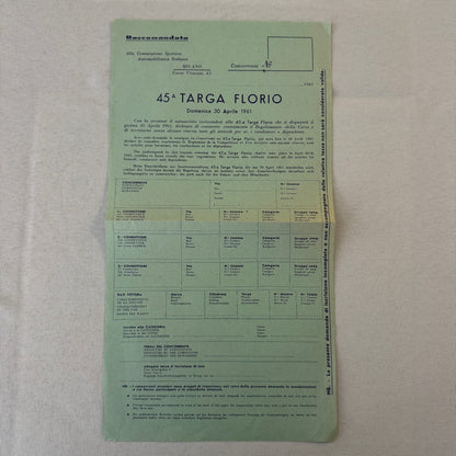 1961 Targa Florio Racing Race Application Form Document Vintage