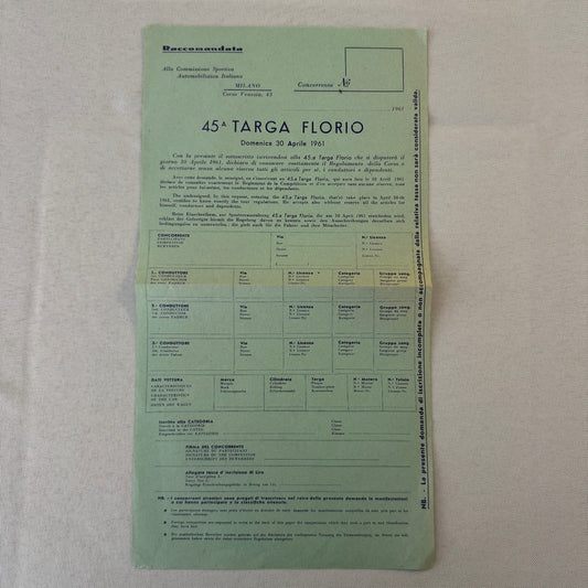 1961 Targa Florio Racing Race Application Form Document Vintage