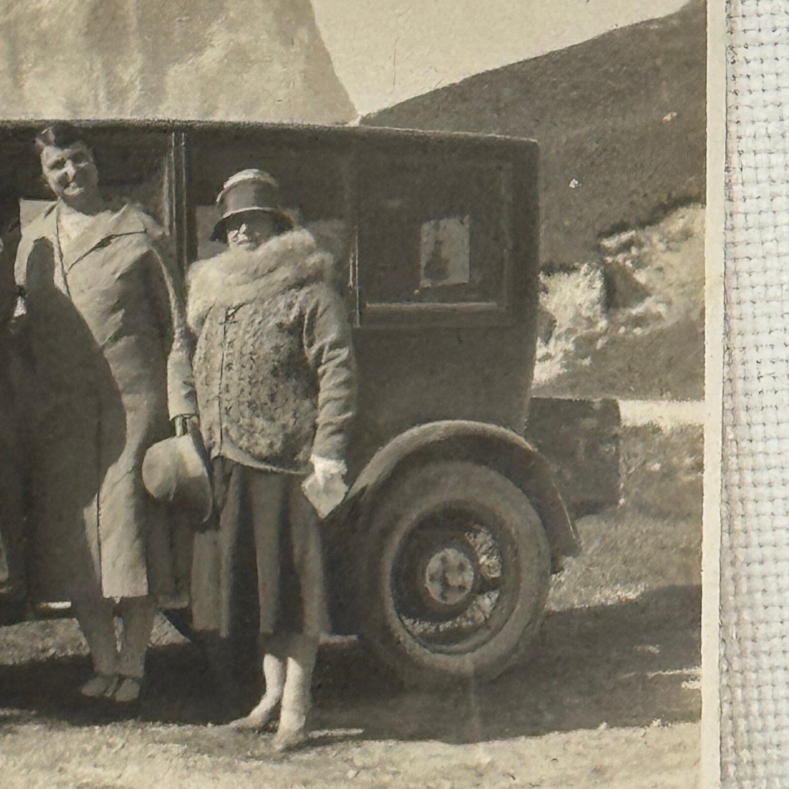 Vintage Photo Photograph Print People with Antique Car Automobile Mountains