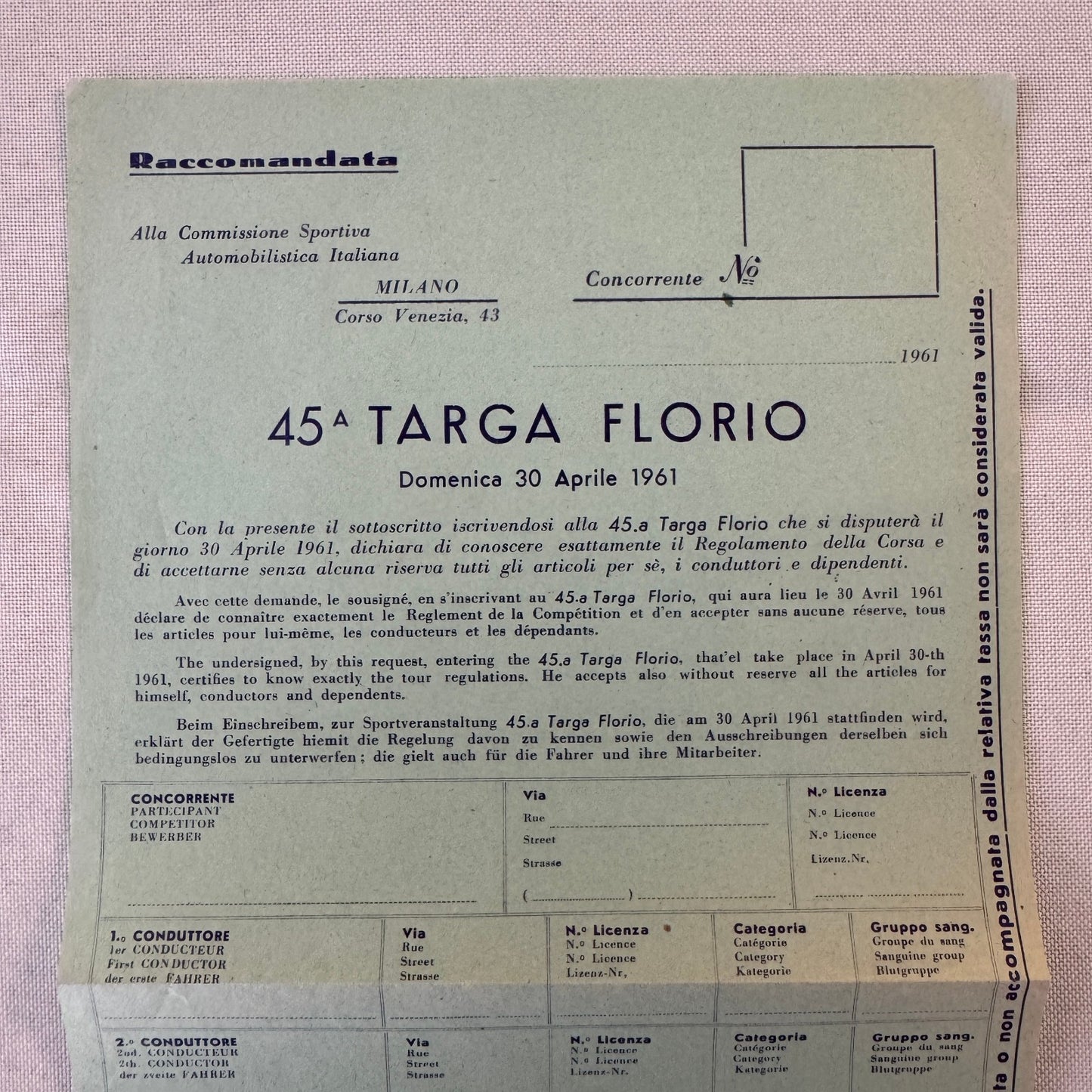 1961 Targa Florio Racing Race Application Form Document Vintage