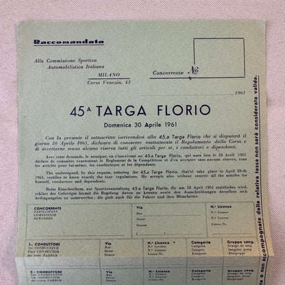 1961 Targa Florio Racing Race Application Form Document Vintage