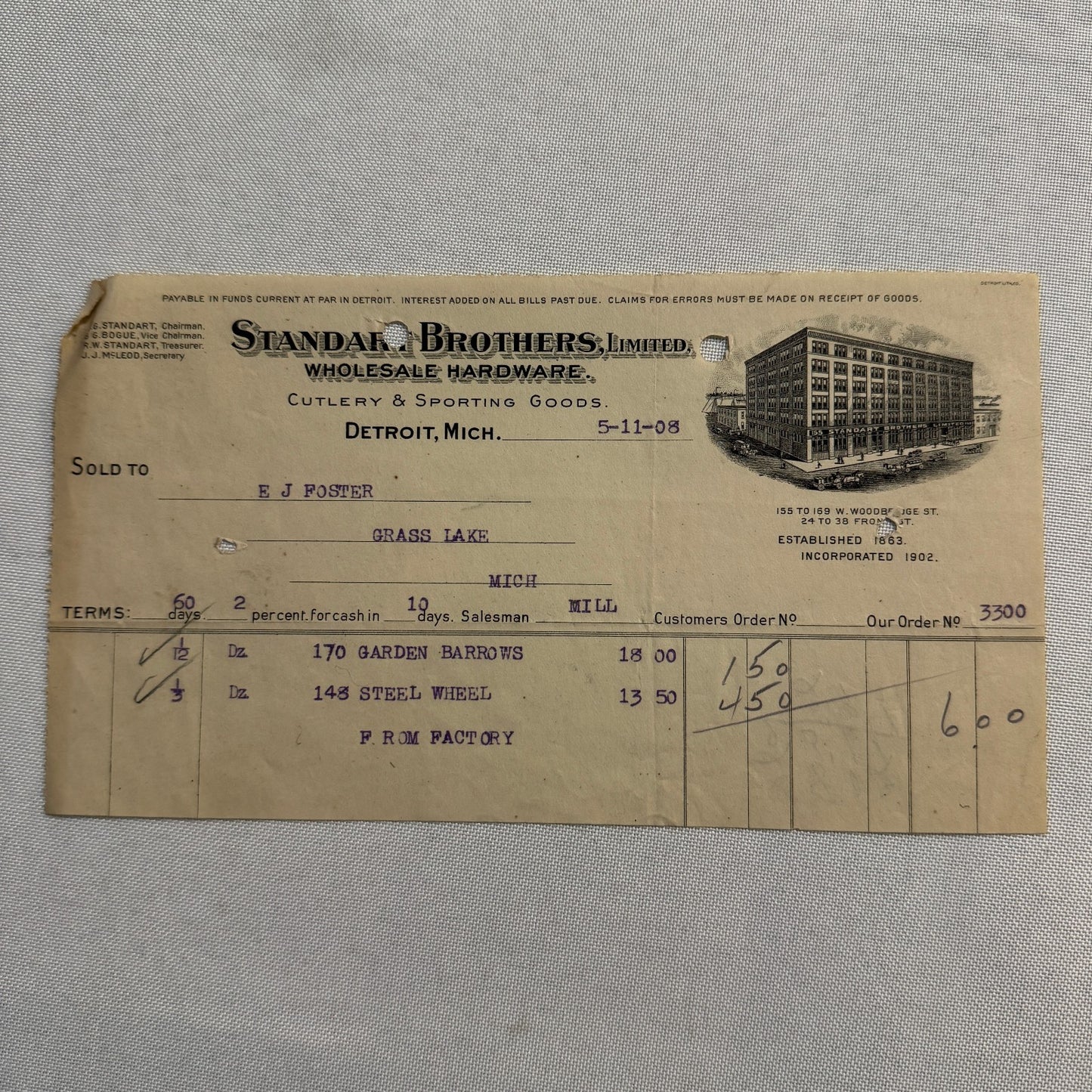Standart Brothers Detroit Michigan Receipt Document Letterhead 1908 Lot 6x