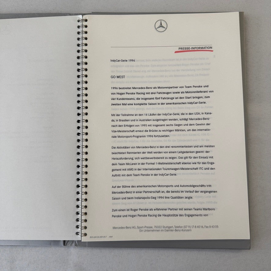 1996 Mercedes Marlboro Indy Car Racing Press KIt Paul Tracy Emerson Fittipaldi