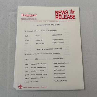 1993 Budweiser King Indy Car Racing Press Kit Roberto Guerrero