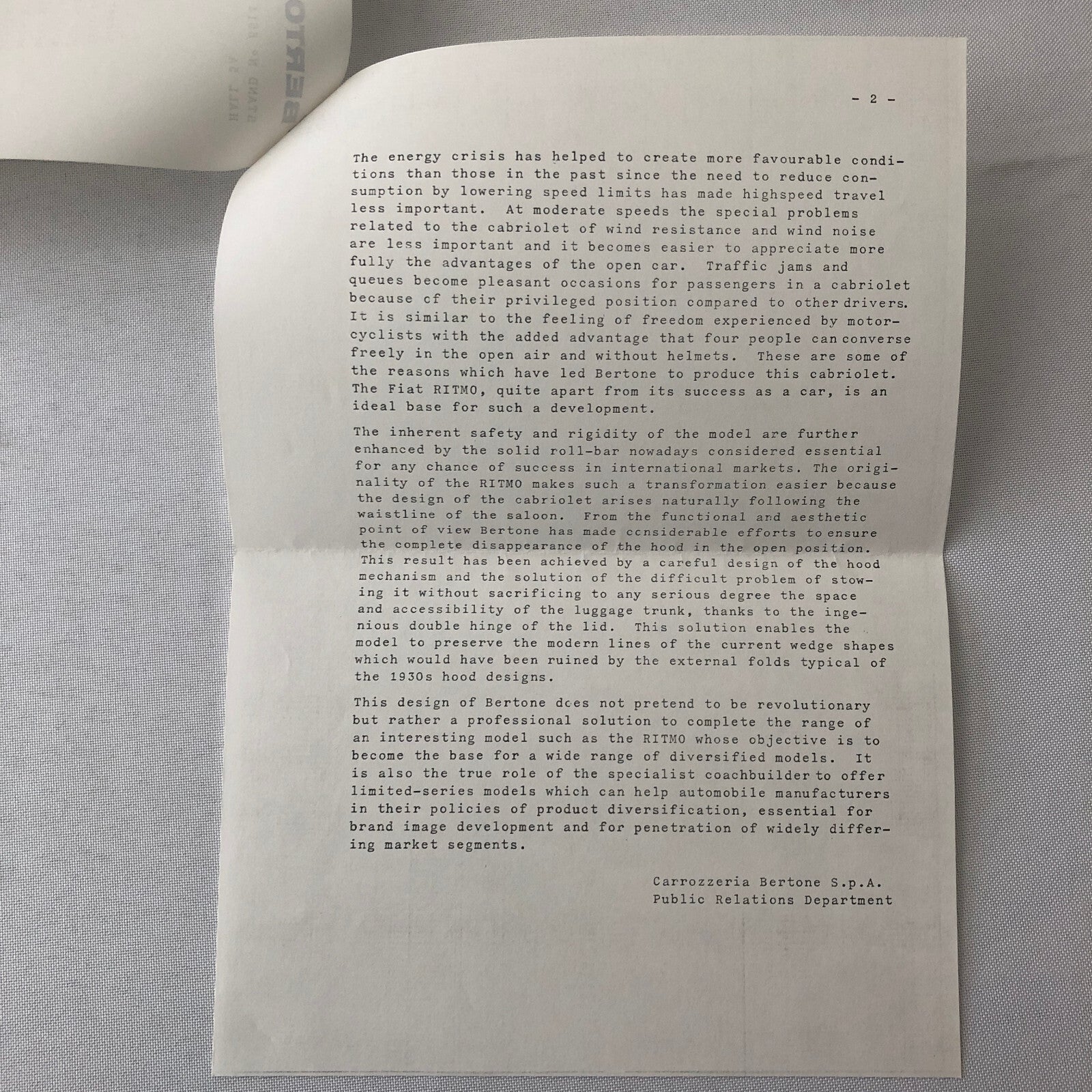 1979 Bertone Ritmo Cabriolet Convertible Press Kit with Photos Fiat Ritmo