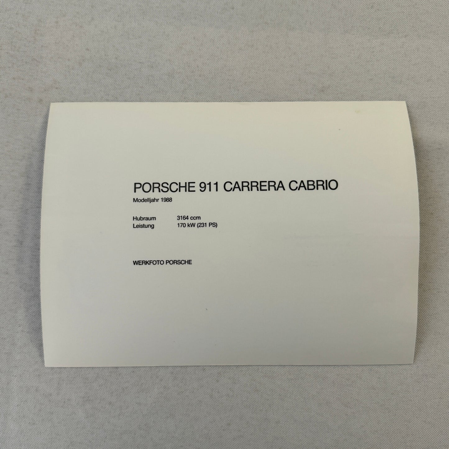 1988 Porsche 911 Carrera Cabriolet Convertible Factory Press Photo Photograph