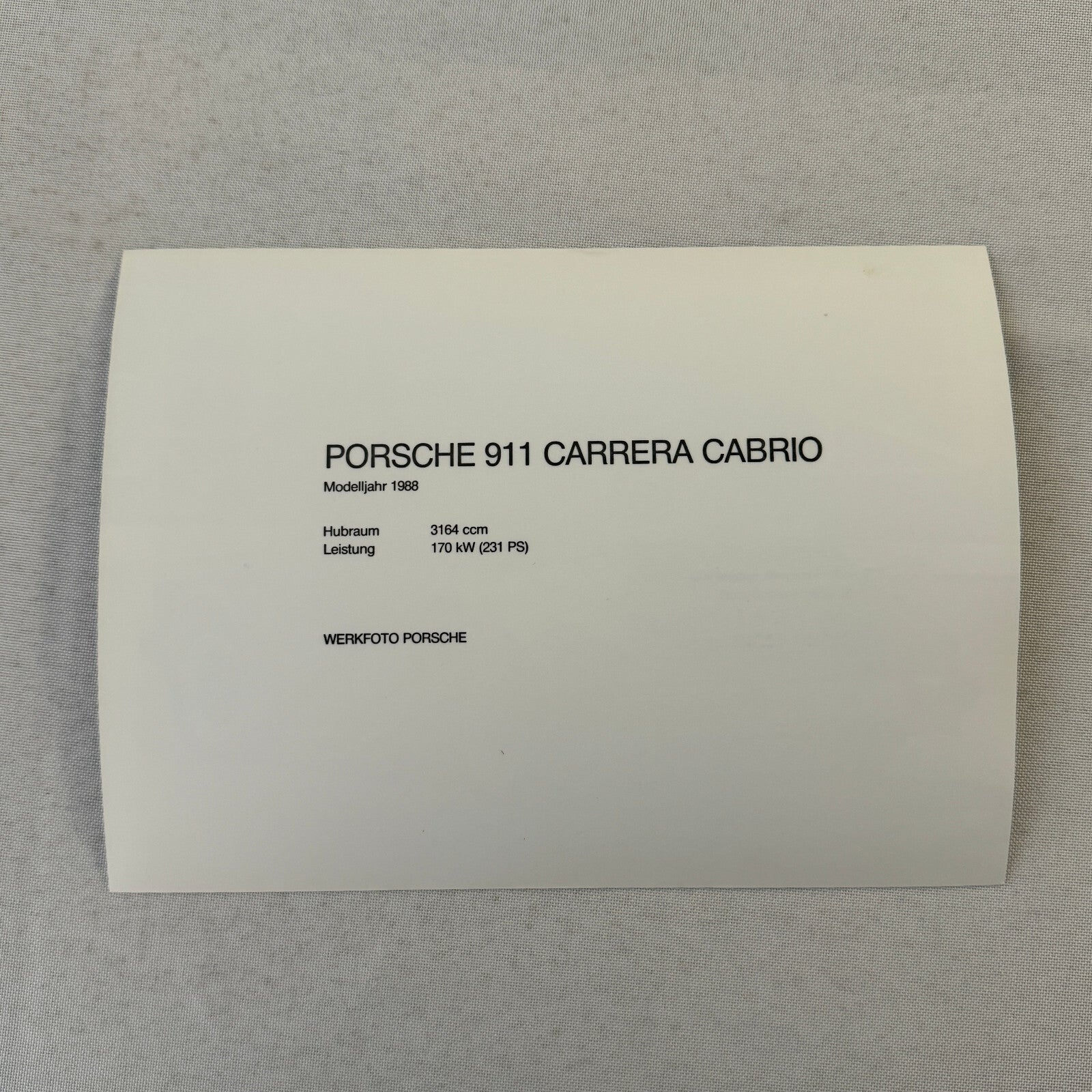 1988 Porsche 911 Carrera Cabriolet Convertible Factory Press Photo Photograph