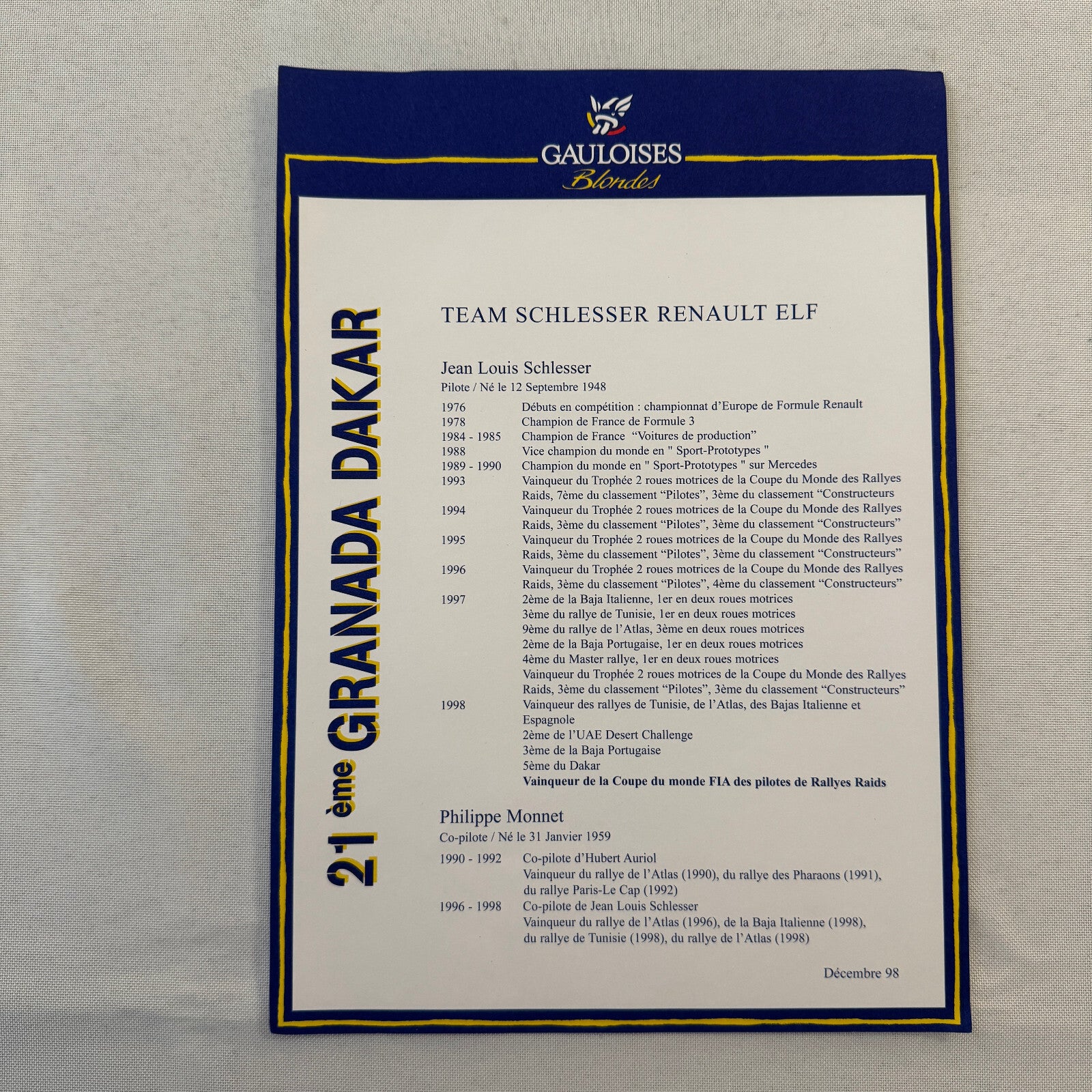 Granada Dakar Rally Renault ELF Team Jean Louis Schlesser 1999 Presss Kit