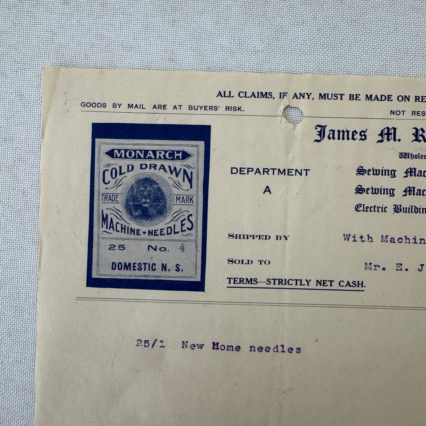 James M Richardson Company Receipt Invoice Document 1908 Sewing Machine Ohio