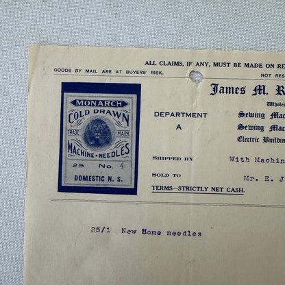 James M Richardson Company Receipt Invoice Document 1908 Sewing Machine Ohio
