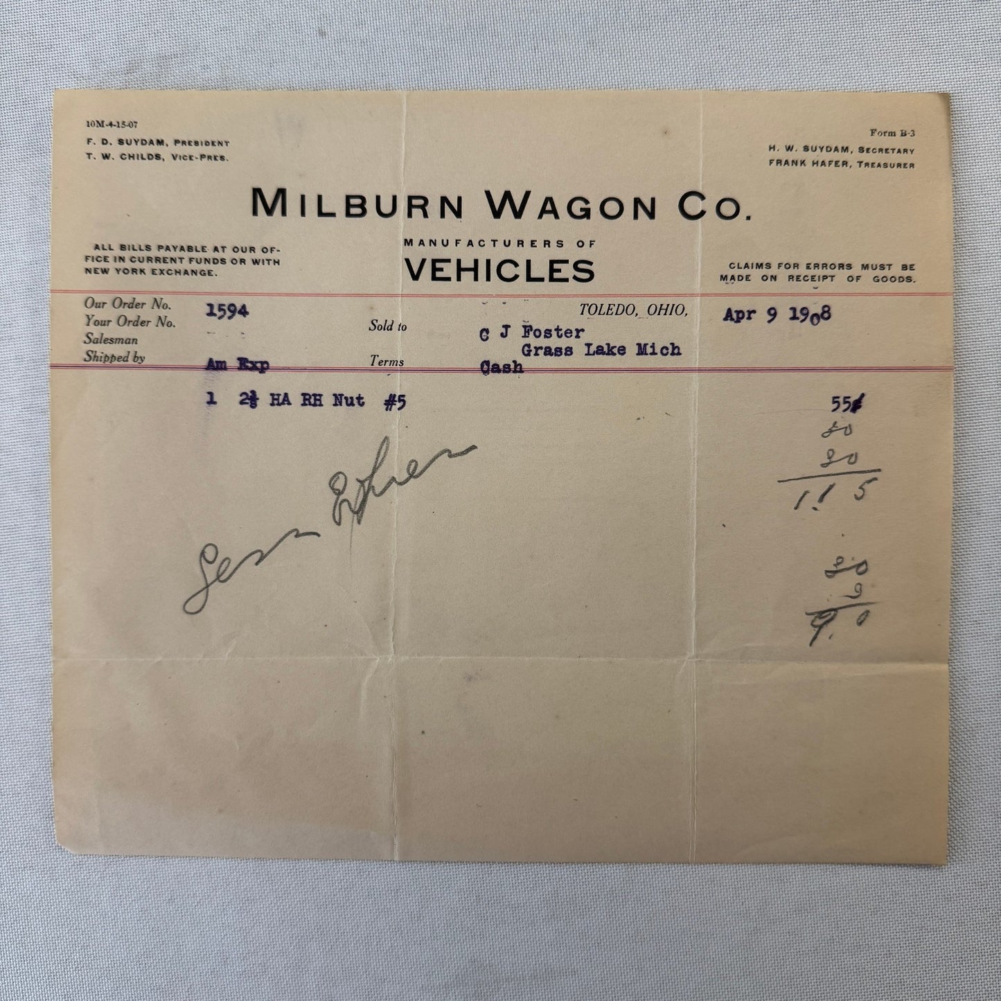 Milburn Wagon Company 1908 Toledo Ohio Invoice Receipt Document Lot 2x Antique