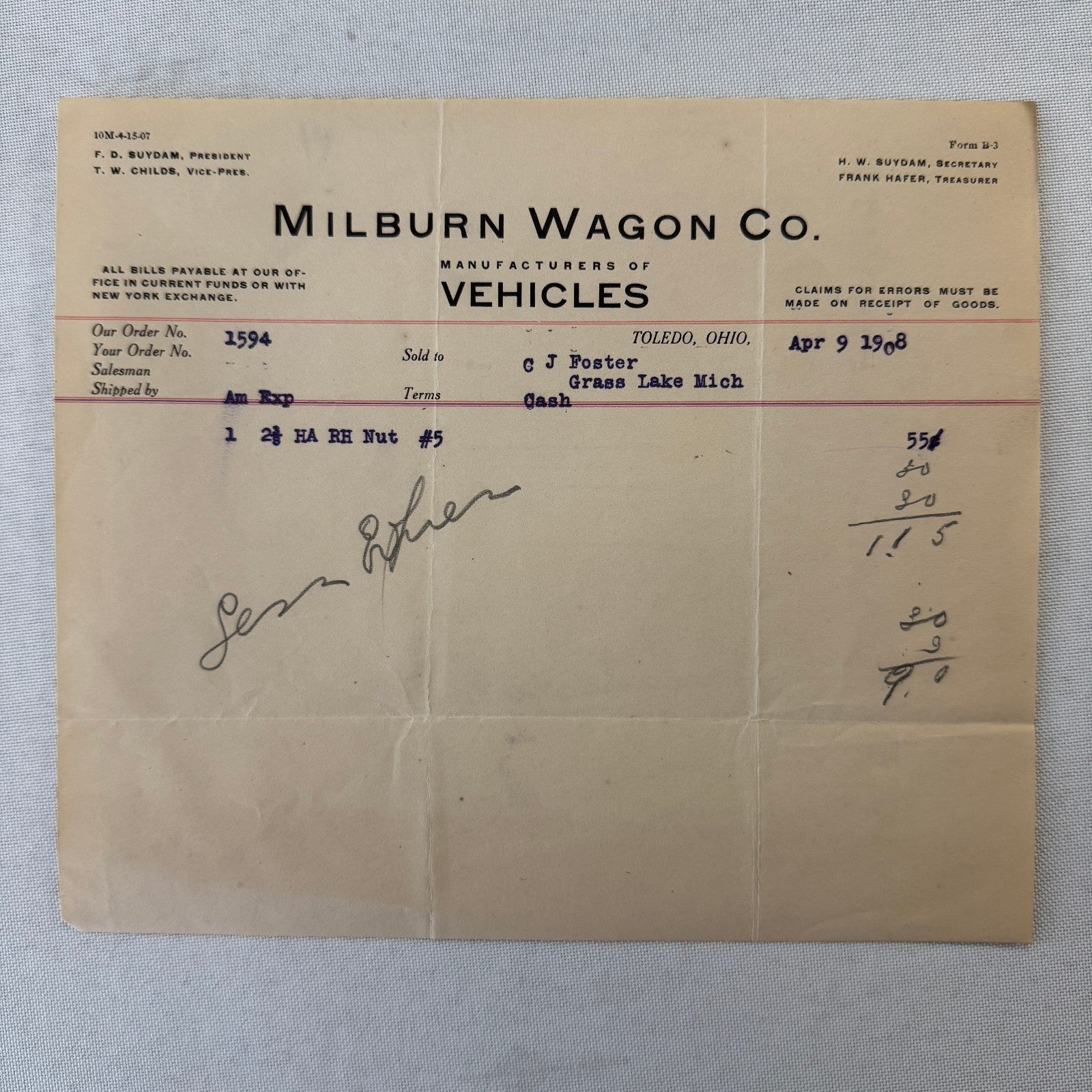Milburn Wagon Company 1908 Toledo Ohio Invoice Receipt Document Lot 2x Antique
