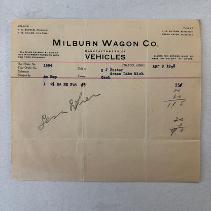 Milburn Wagon Company 1908 Toledo Ohio Invoice Receipt Document Lot 2x Antique