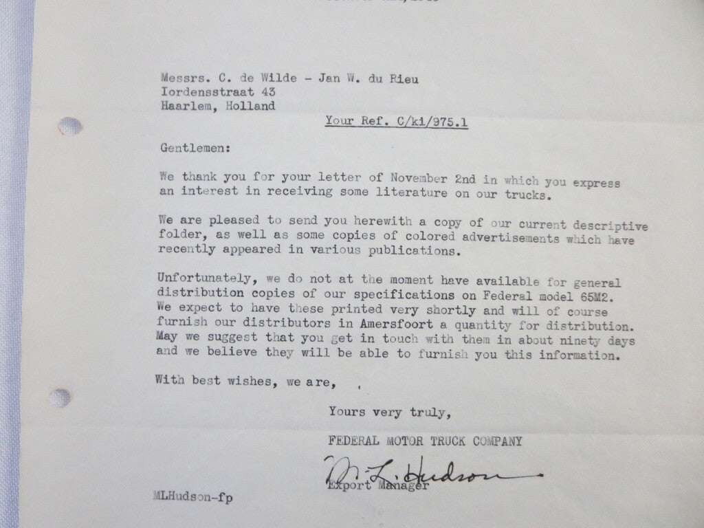 1946 Federal Motor Truck Company Letter Letterhead 