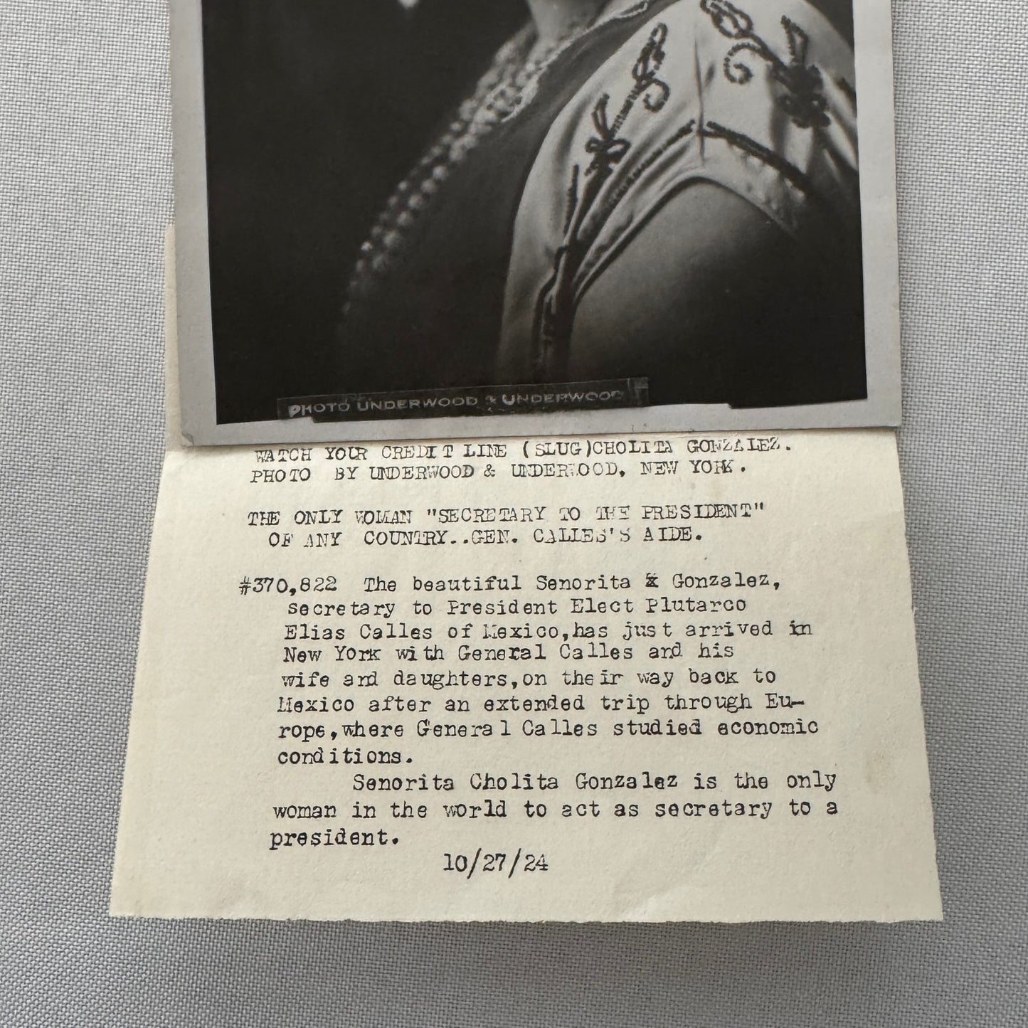 Mexican Secretary to the President Cholita Gonzalez Press Photo 1924 Photograph