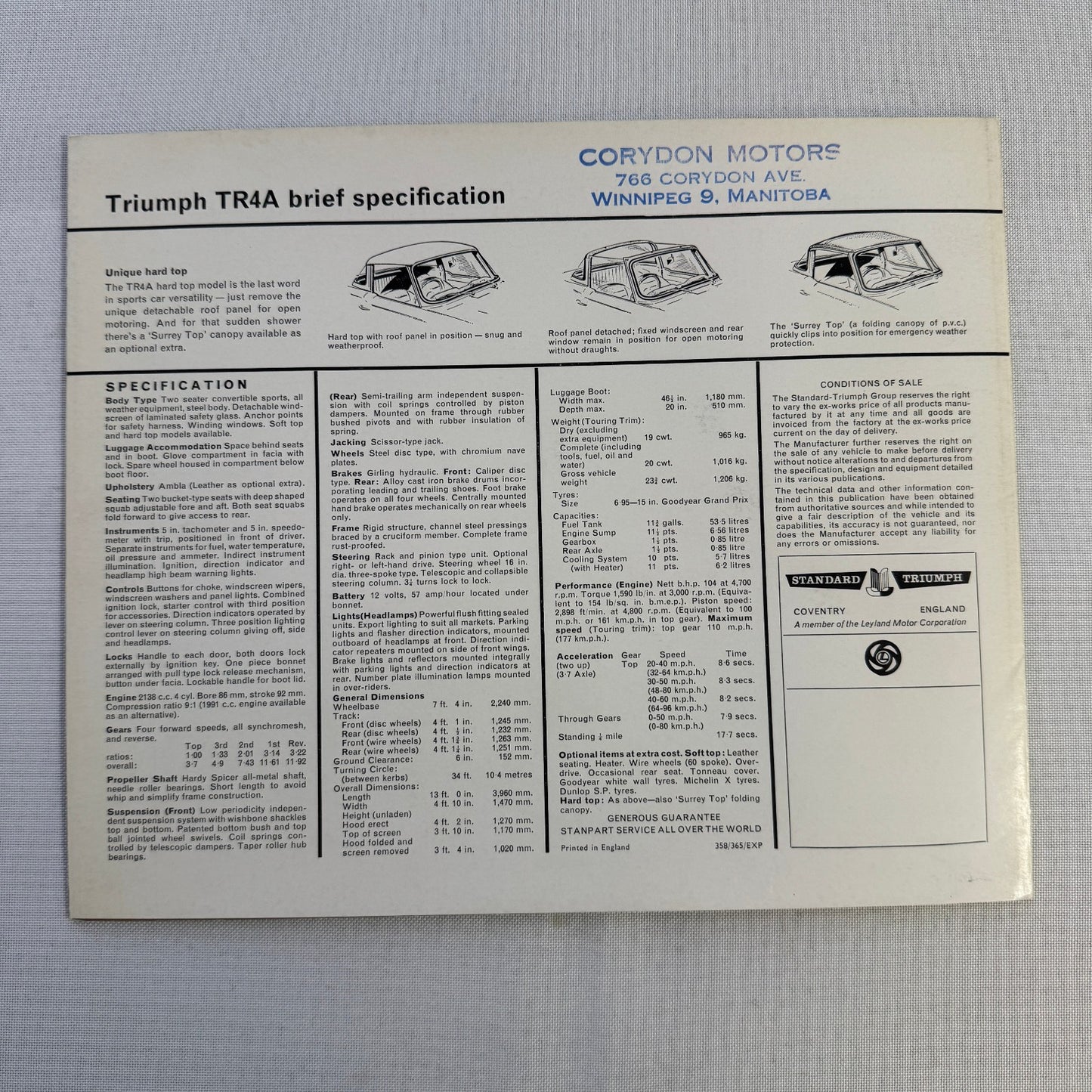 Triumph TR4A Sports Car Roadster Sales Brochure Catalog Advertising TR4 A