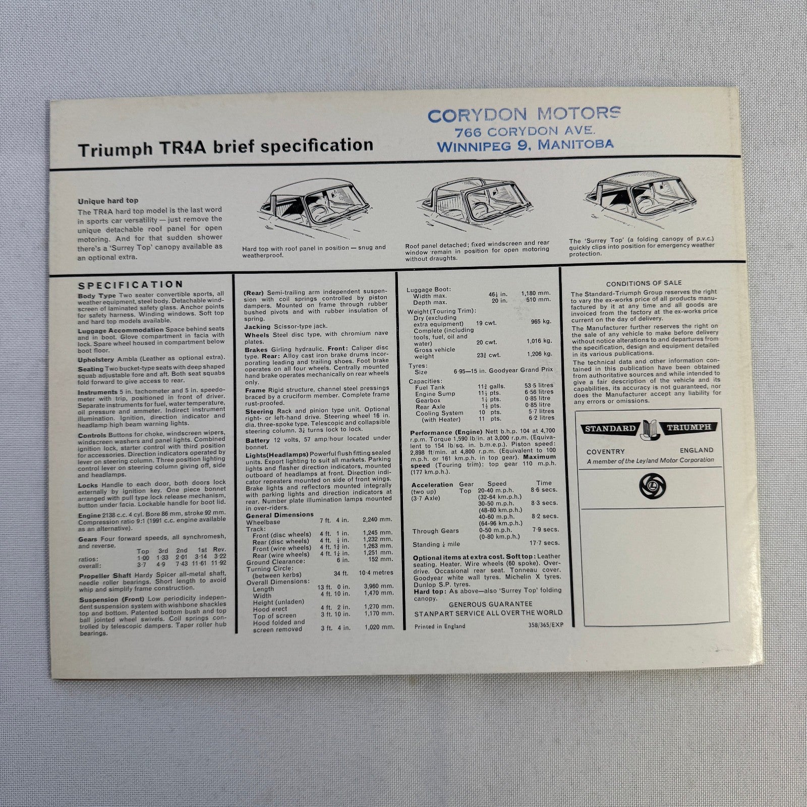 Triumph TR4A Sports Car Roadster Sales Brochure Catalog Advertising TR4 A