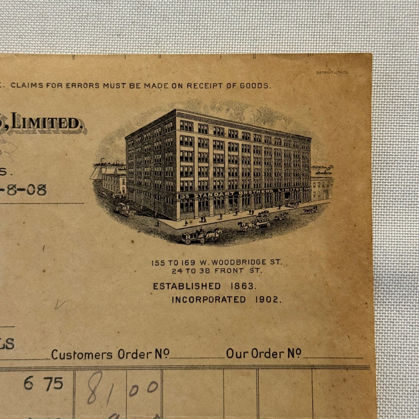 1908 Detroit Michigan Document Invoice Standart Brothers Limited Hardware