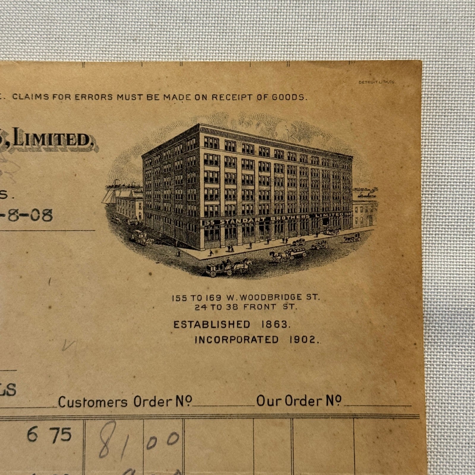 1908 Detroit Michigan Document Invoice Standart Brothers Limited Hardware