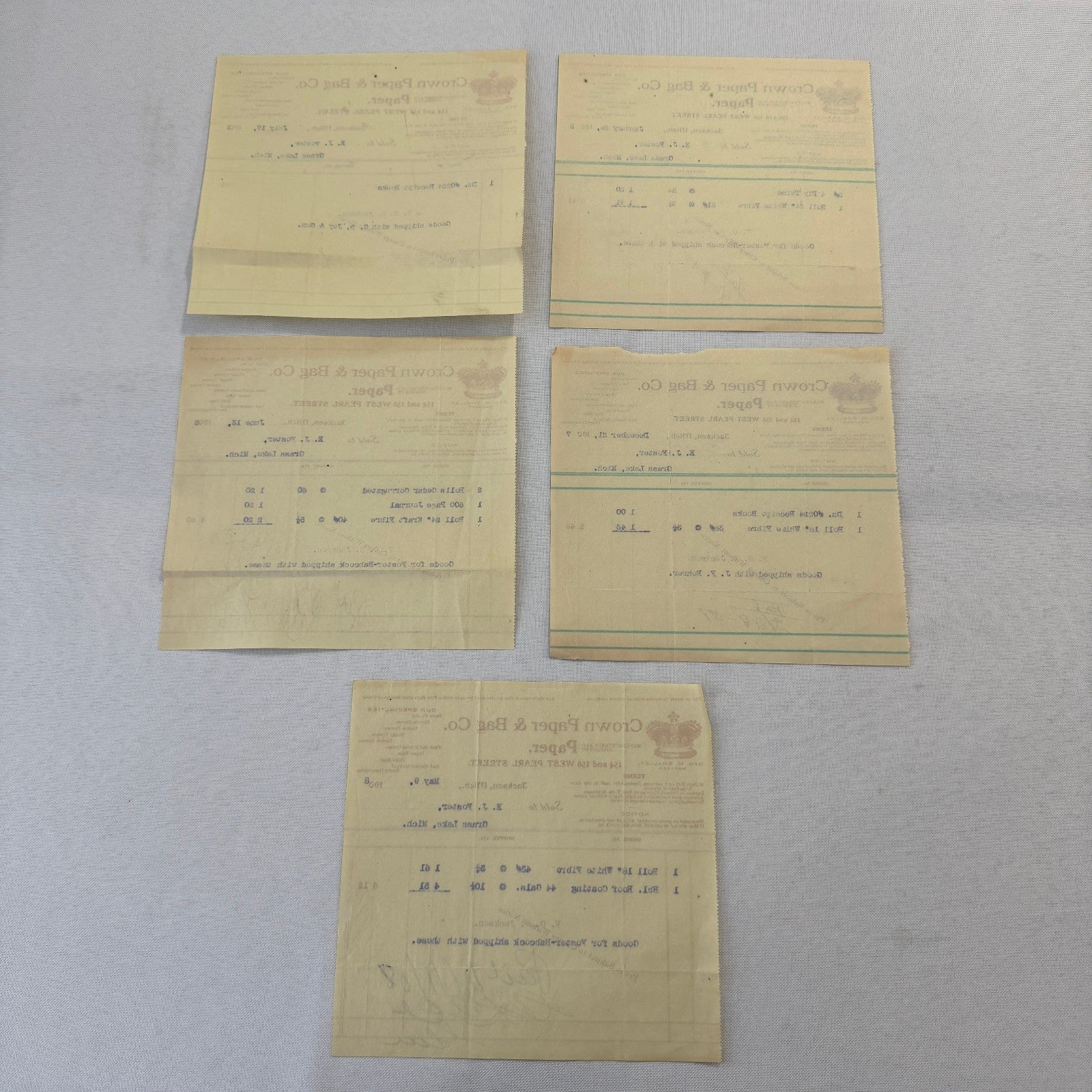 Crown Paper & Bag Company Jackson Michigan 1908 Receipt Invoice Document Lot 5x