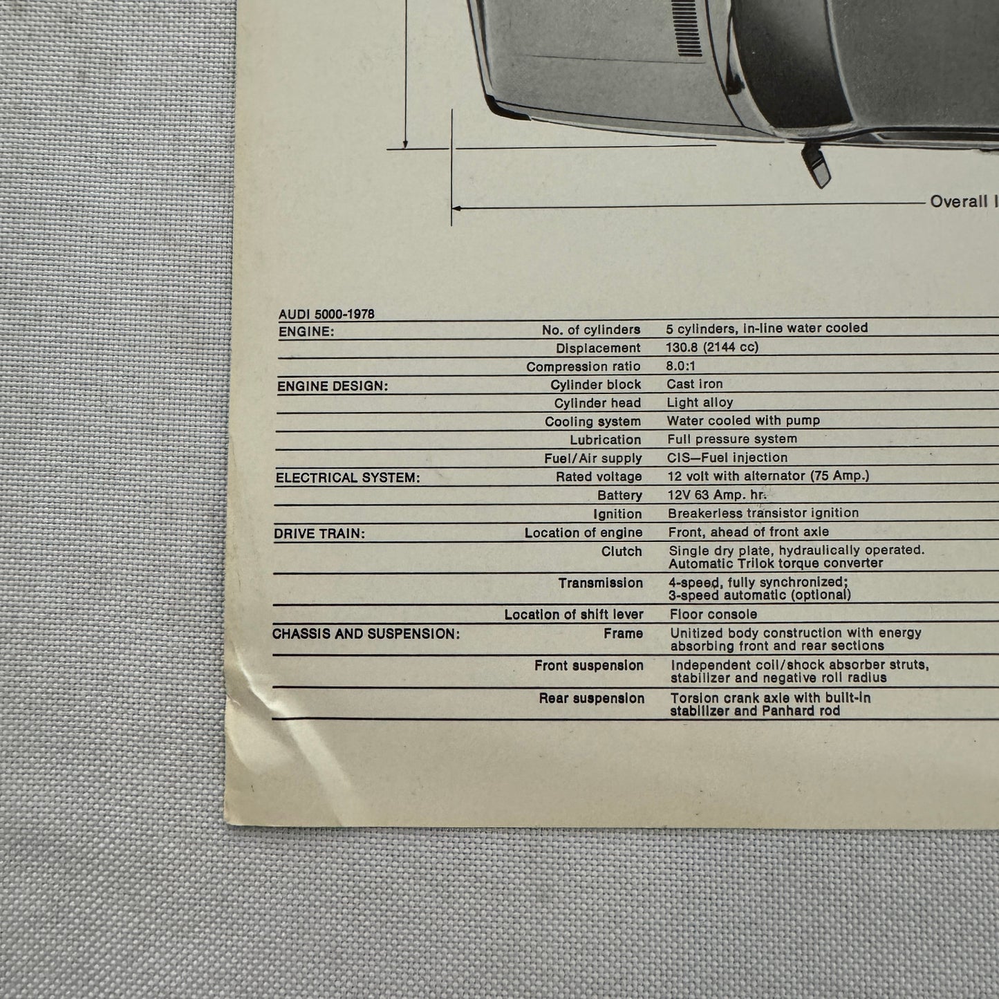 1978 Audi 5000 Car Sales Sheet Brochure Brochure Vintage