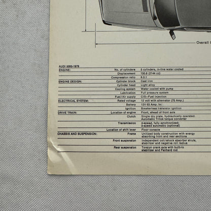 1978 Audi 5000 Car Sales Sheet Brochure Brochure Vintage