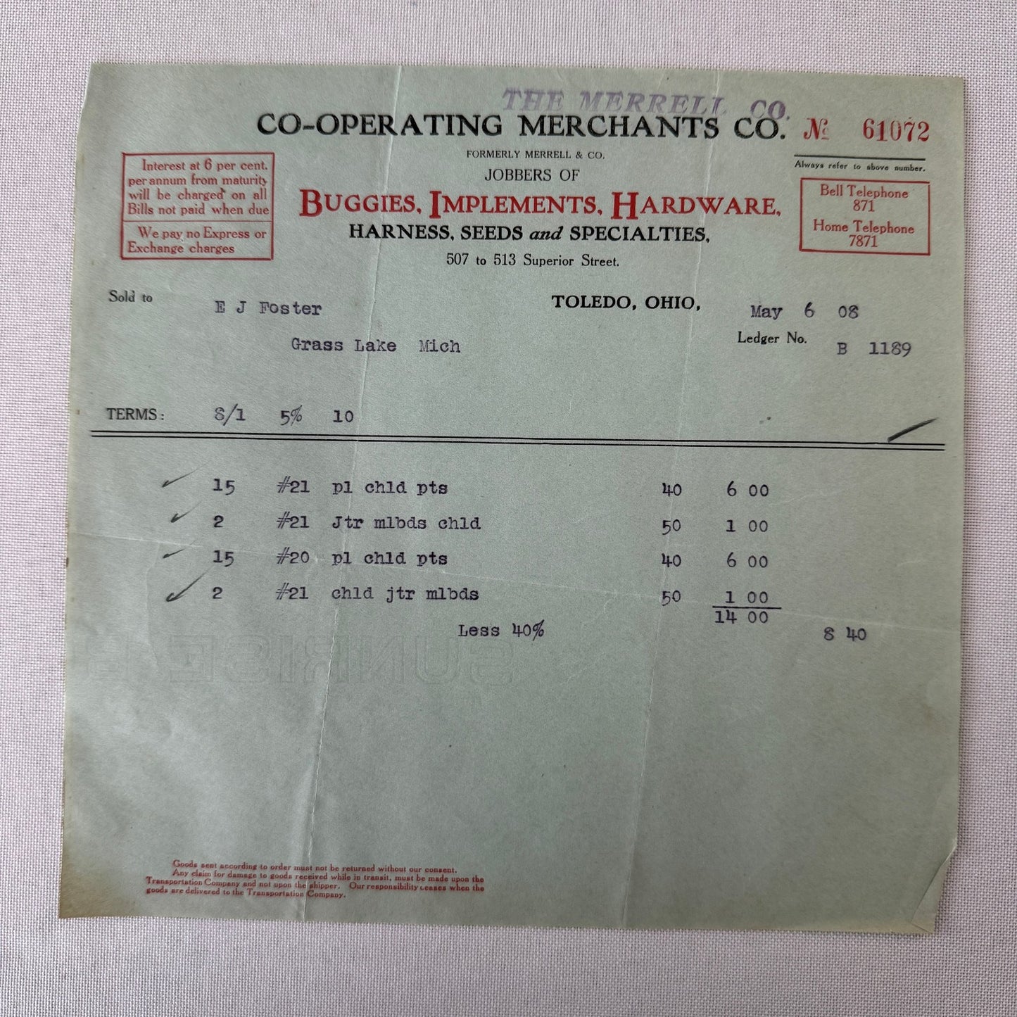 Cooperating Merchants Company Buggies and Hardware 1908 Receipt Invoice Lot 6x