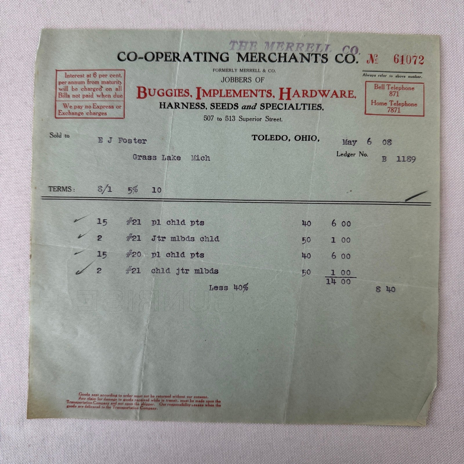 Cooperating Merchants Company Buggies and Hardware 1908 Receipt Invoice Lot 6x