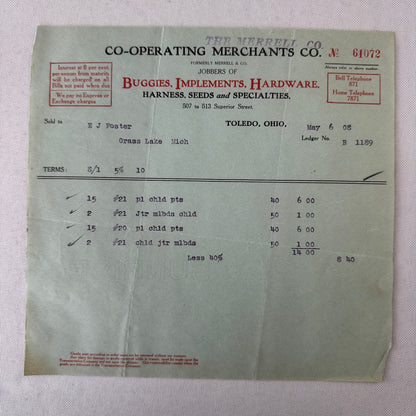 Cooperating Merchants Company Buggies and Hardware 1908 Receipt Invoice Lot 6x