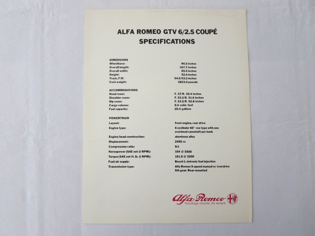 1981 Alfa Romeo GTV-6 2.5 Coupe Specification Sheet Brochure GTV6