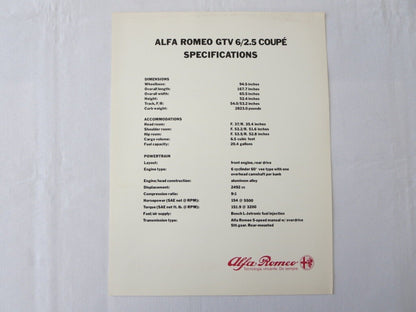 1981 Alfa Romeo GTV-6 2.5 Coupe Specification Sheet Brochure GTV6