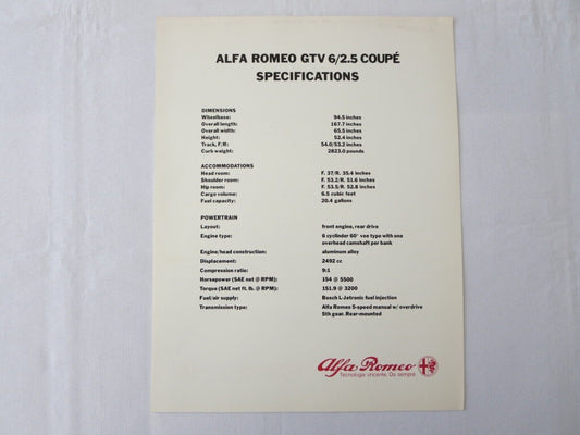 1981 Alfa Romeo GTV-6 2.5 Coupe Specification Sheet Brochure GTV6