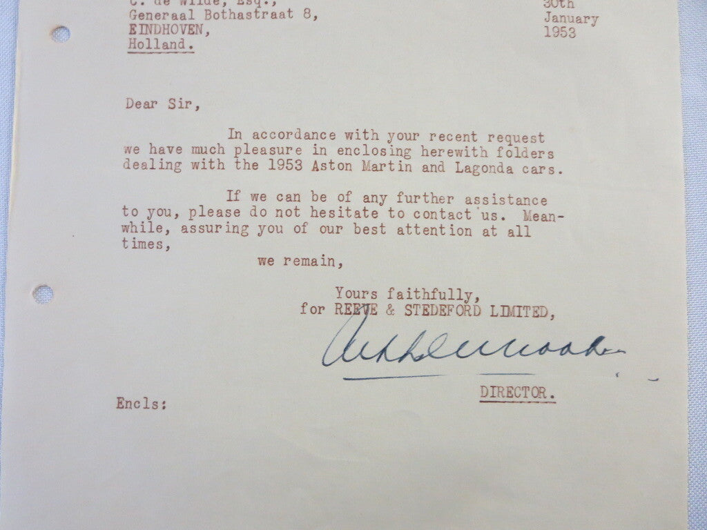 1953 Reeve & Stedeford Correspondence Letter Letterhead Aston Martin Lagonda 