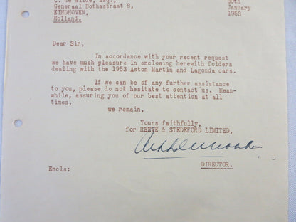 1953 Reeve & Stedeford Correspondence Letter Letterhead Aston Martin Lagonda 