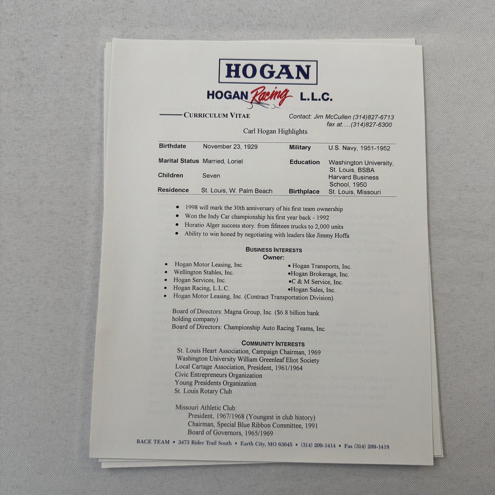 Hogan Racing PPG CART Dario Franchitti Reynard Mercedes Car Racing Press Kit