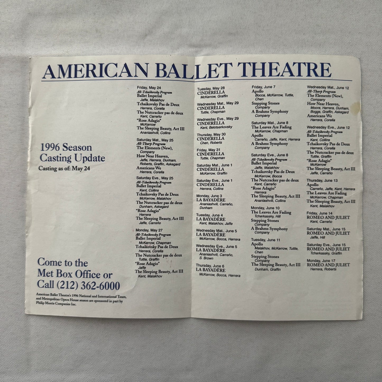 American Ballet Theatre Stagebill Playbill Program Signed Jose Manuel Carreno 96