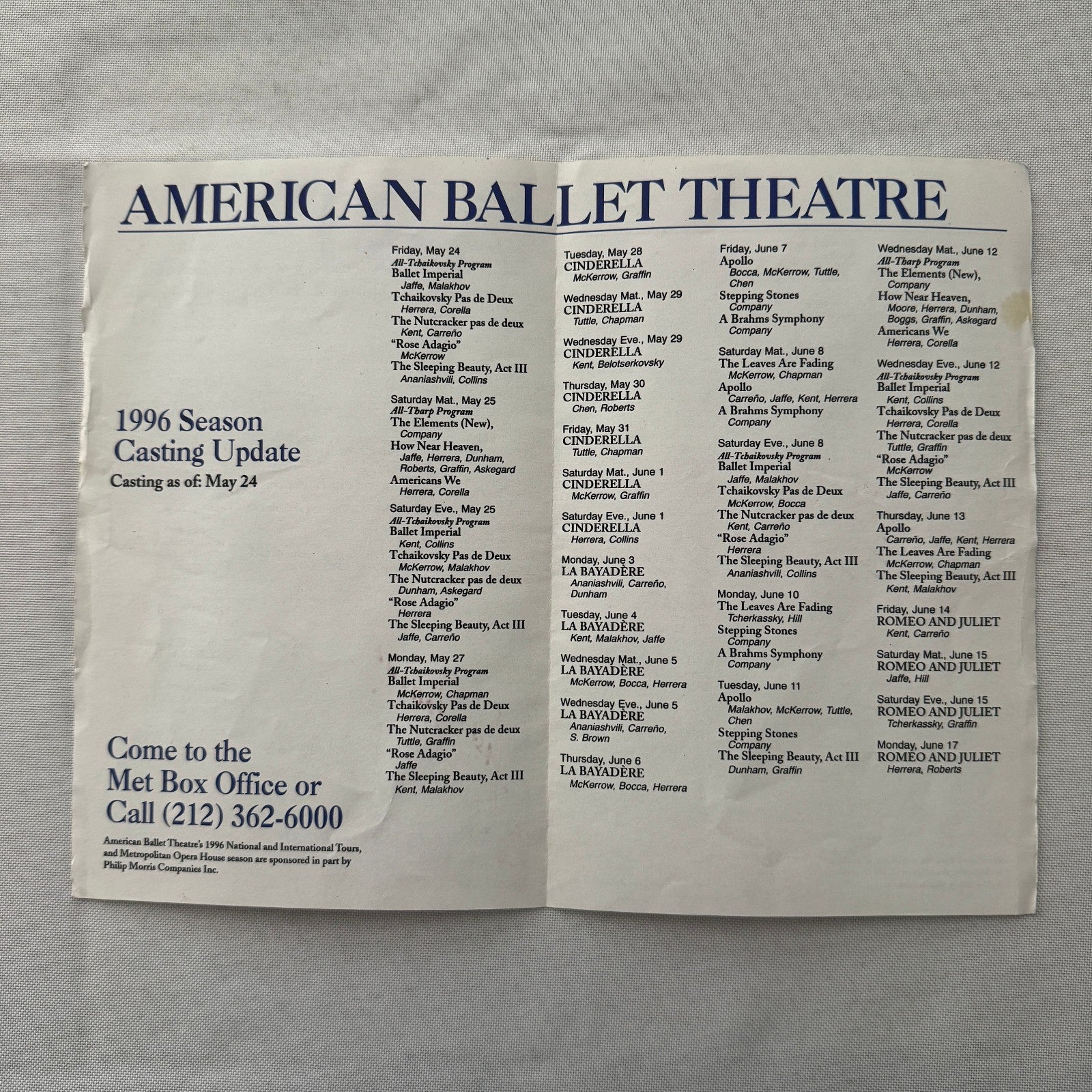 American Ballet Theatre Stagebill Playbill Program Signed Jose Manuel Carreno 96