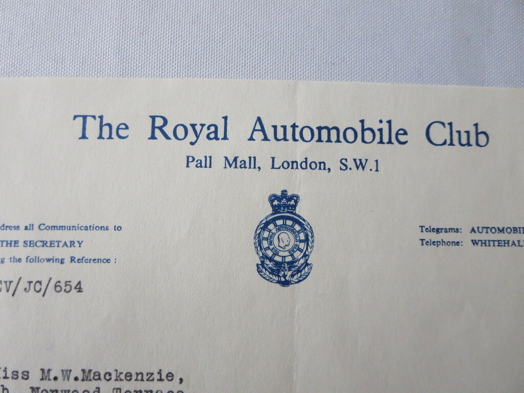 1960 Royal Automobile Club London Letter Letterhead