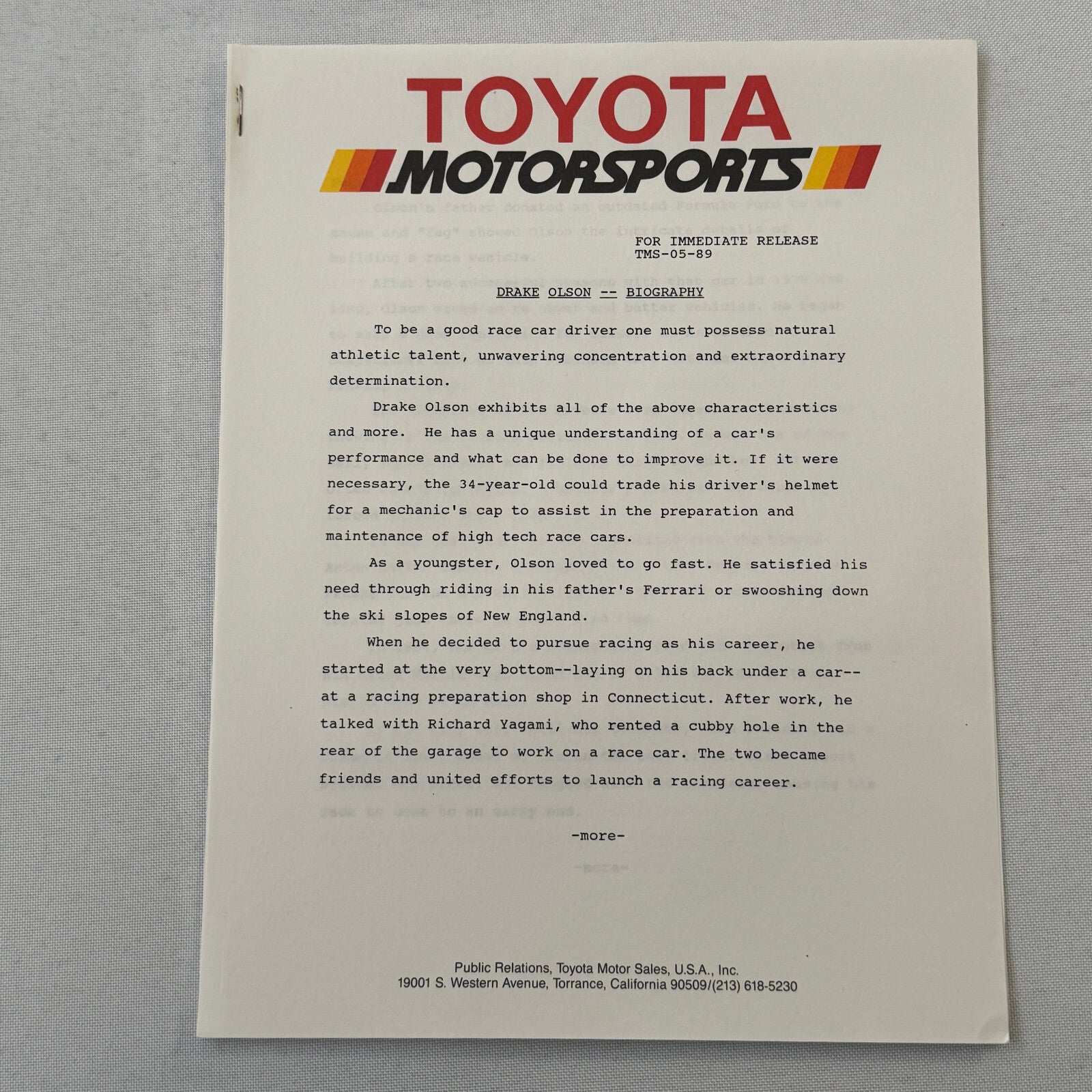 1989 Toyota Motorsport Racing Press Kit Dan Gurney Willy T Ribbs Fangio II