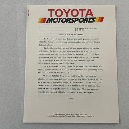 1989 Toyota Motorsport Racing Press Kit Dan Gurney Willy T Ribbs Fangio II