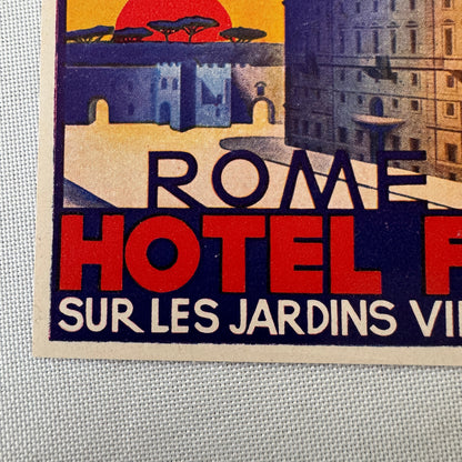 Vintage Hotel Travel Luggage Label Hotel Flora Rome Italy Villa Borghese Italian
