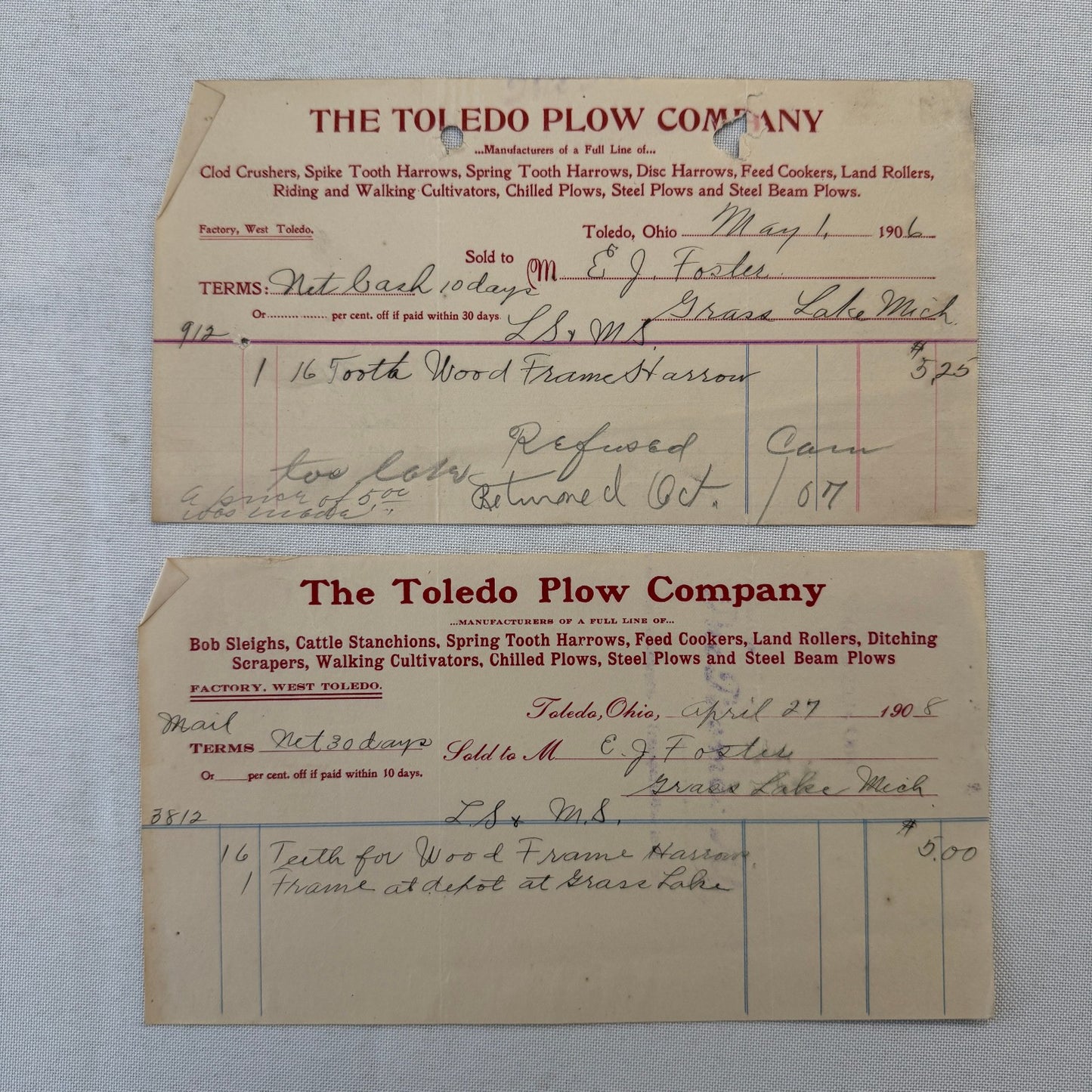 The Toledo Plow Company Invoice Receipt Document Lot 2x 1906 1908 Antique