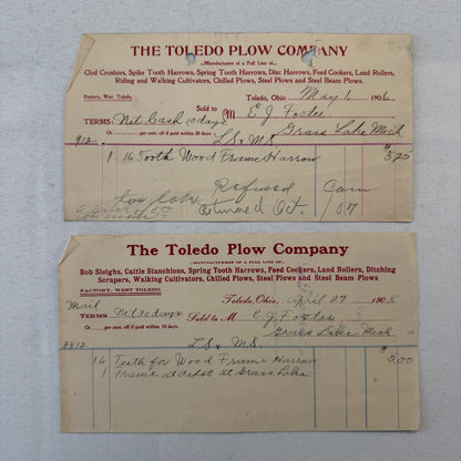 The Toledo Plow Company Invoice Receipt Document Lot 2x 1906 1908 Antique