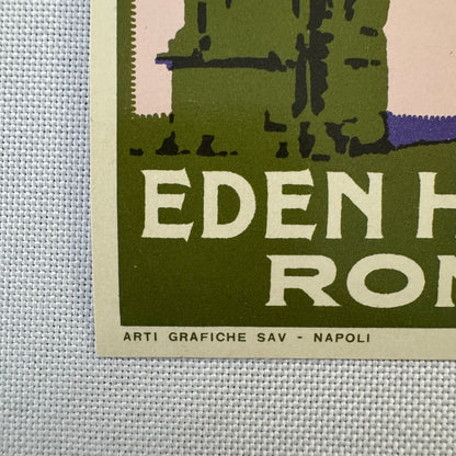 Vintage Travel Label Eden Hotel Rome Italy Italian
