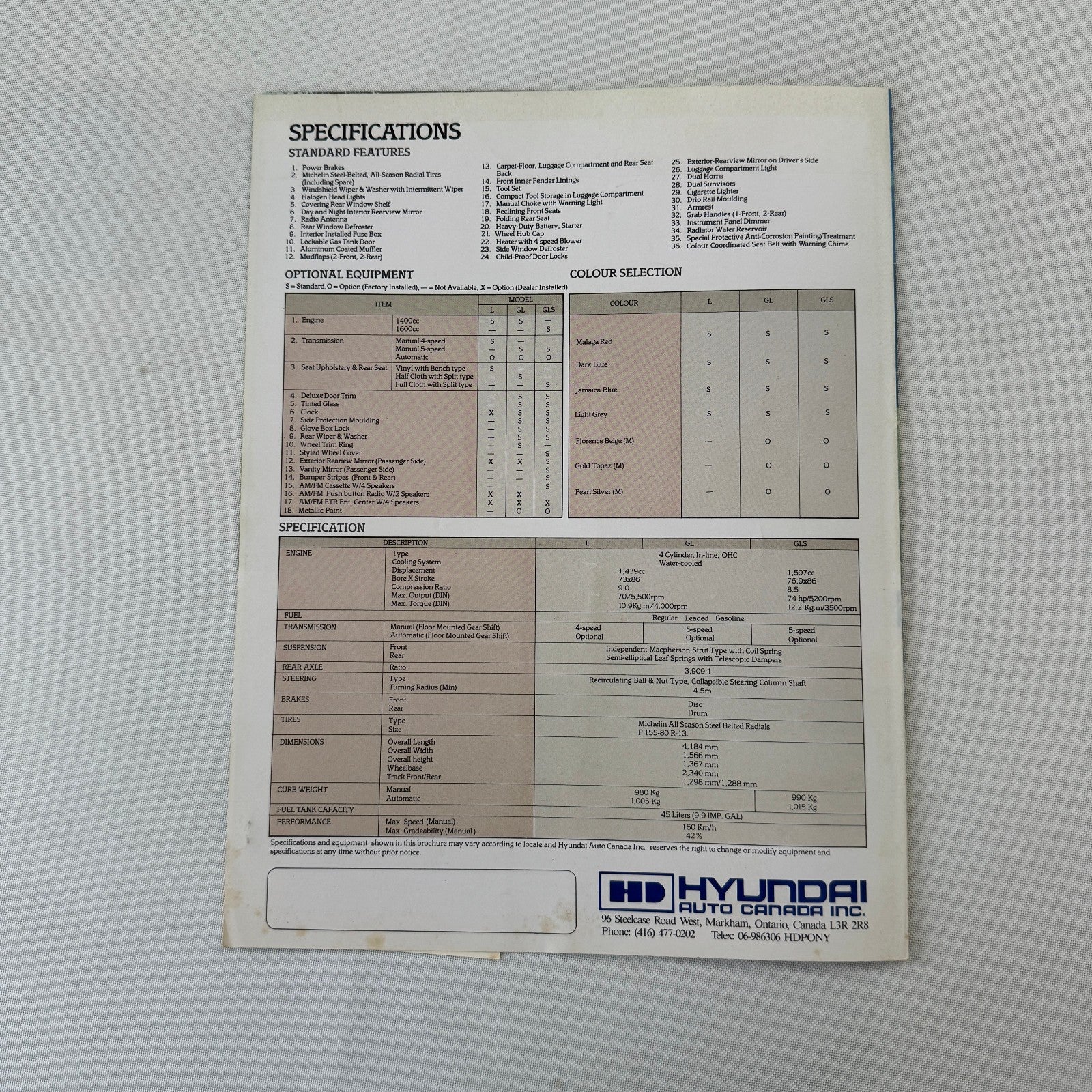 1985 Hyundai Pony Car Sales Brochure Catalog Folder Vintage Advertising