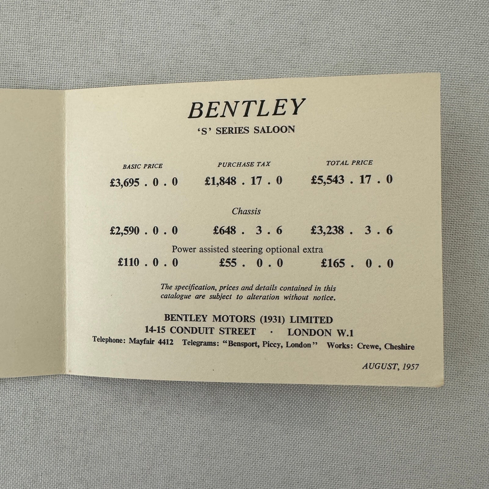 1957 Bentley Car Price List Card Brochure UK Market