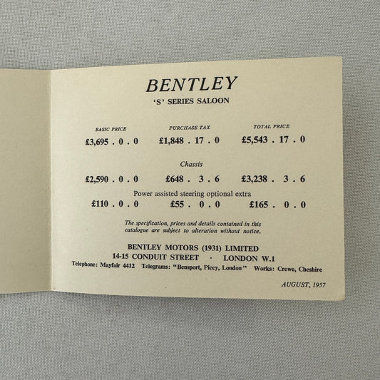 1957 Bentley Car Price List Card Brochure UK Market