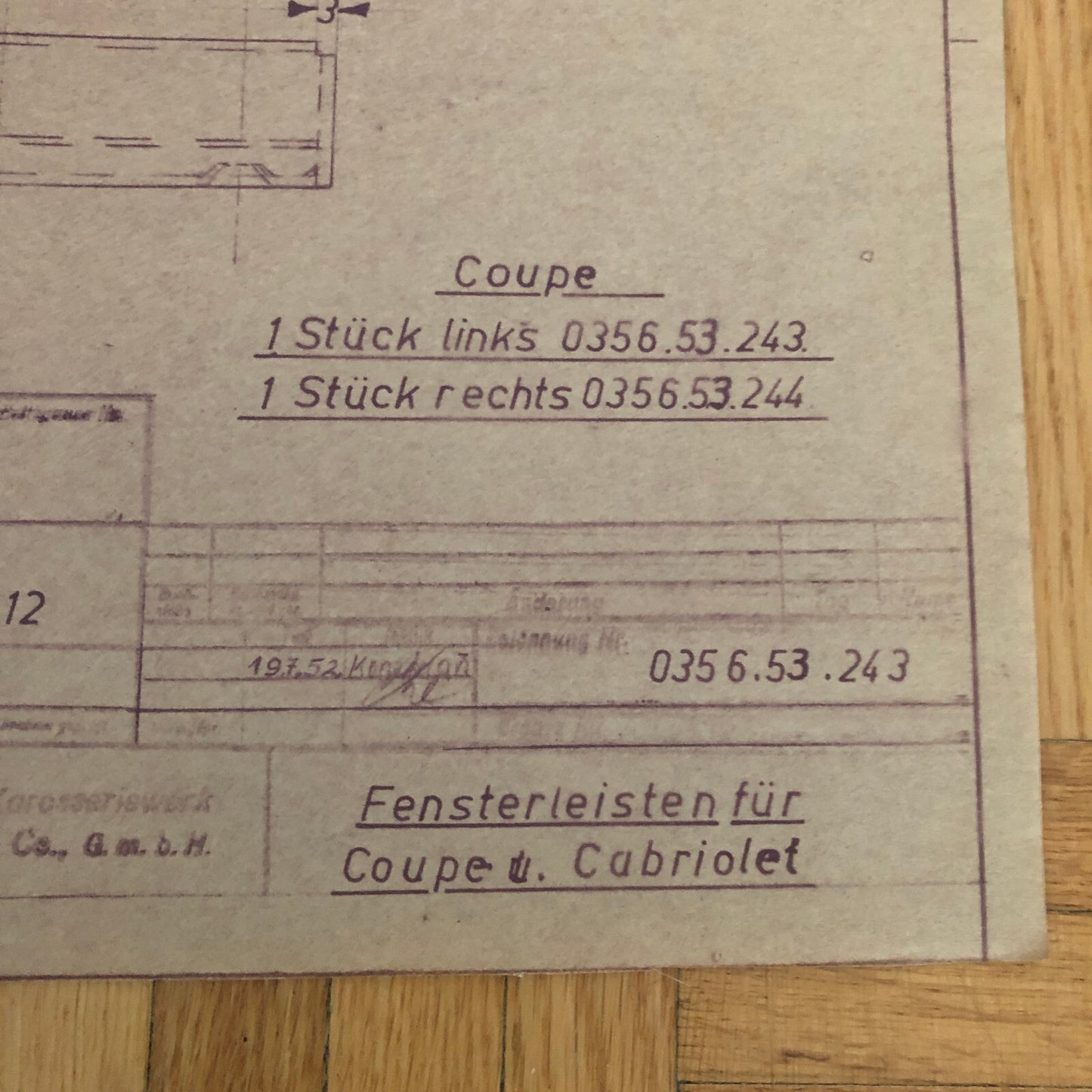 Vintage Porsche Reutter & Co Coachbuilder Factory Part Blueprint Document German