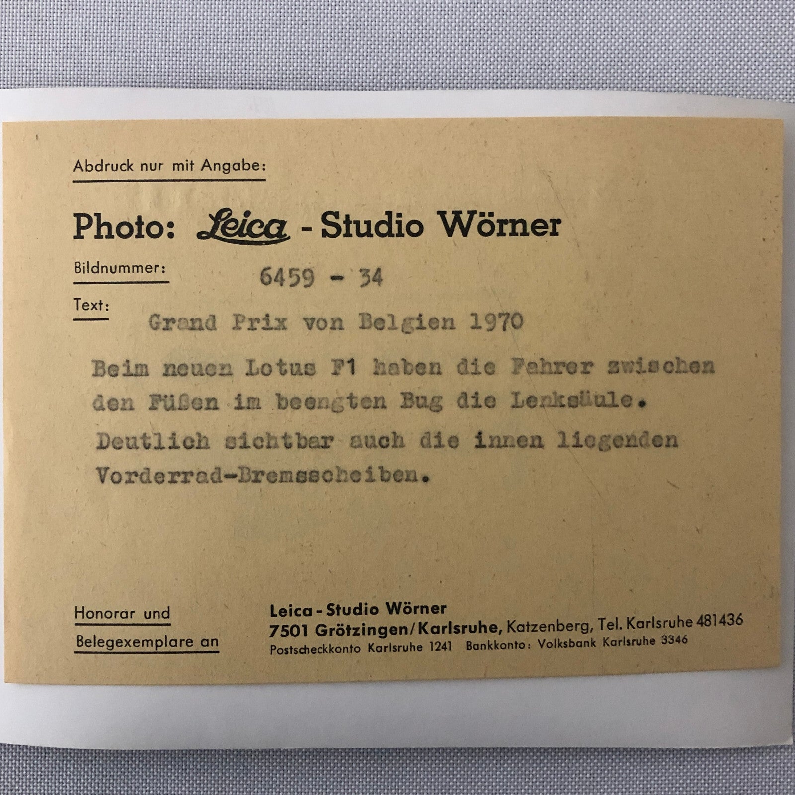 1970 Belgian Grand Prix Lotus F1 Racing Car Photo Photograph Studio Worner