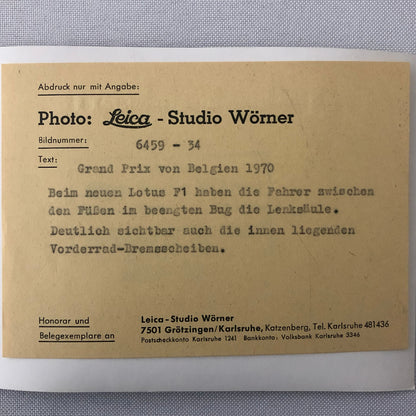 1970 Belgian Grand Prix Lotus F1 Racing Car Photo Photograph Studio Worner